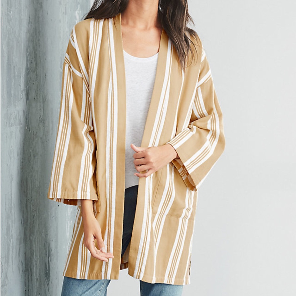 EILEEN FISHER Organic Cotton Yellow + White Striped Long Kimono Jacket O…